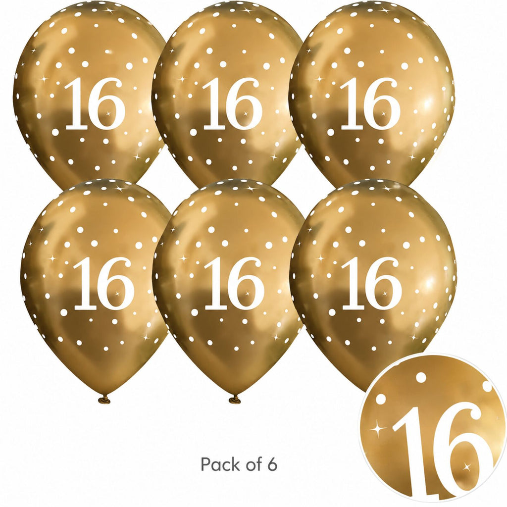 Six gold 16th birthday balloons with close-up of white printed design
