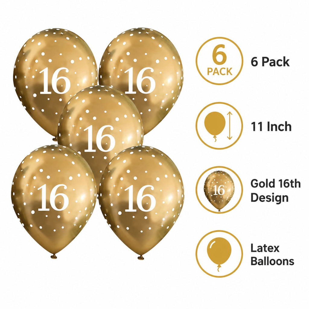 Gold 16th birthday balloons infographic showing pack size and features