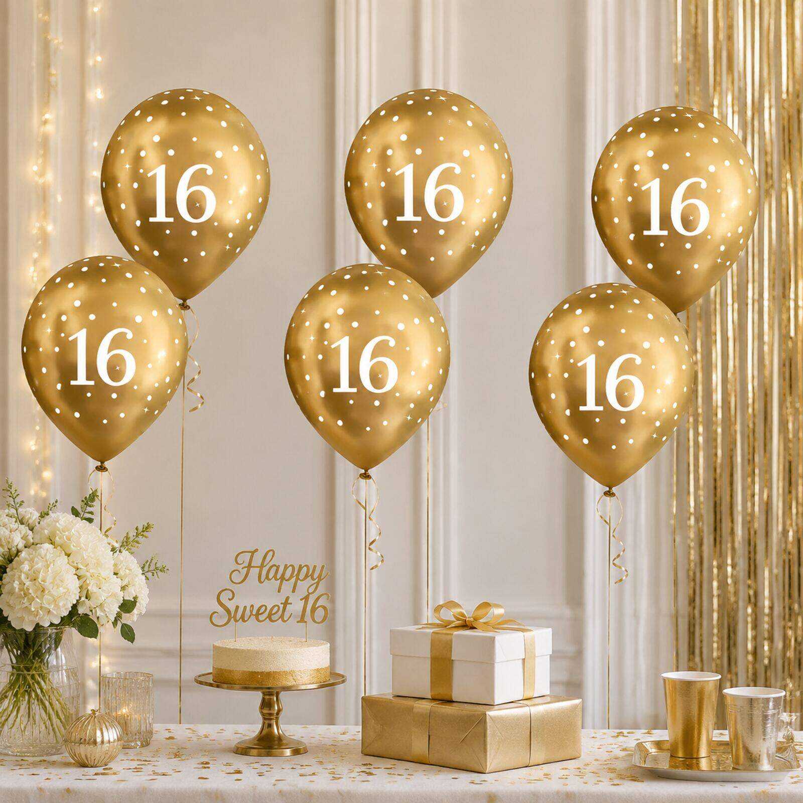 Gold number 16 balloons decorating an elegant sweet sixteen party