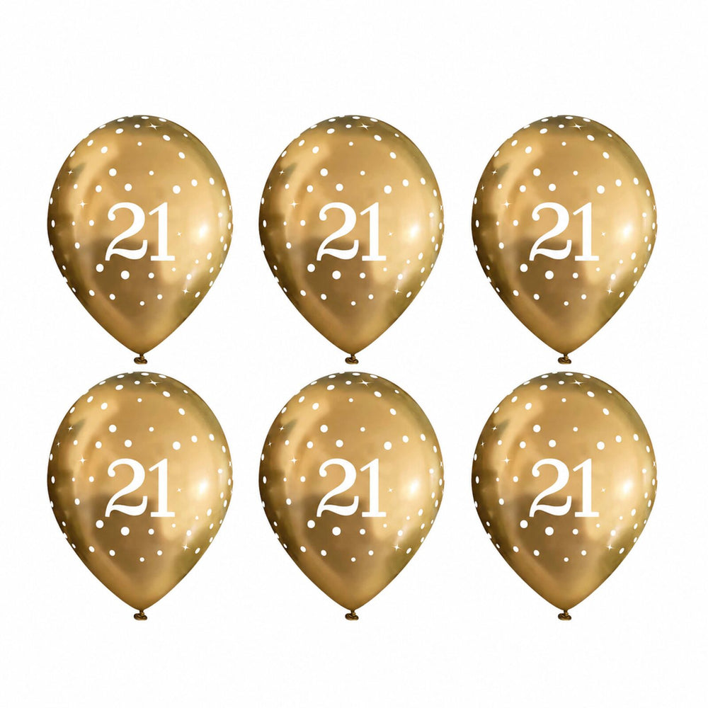 Six gold 21st birthday latex balloons with white number 21 print