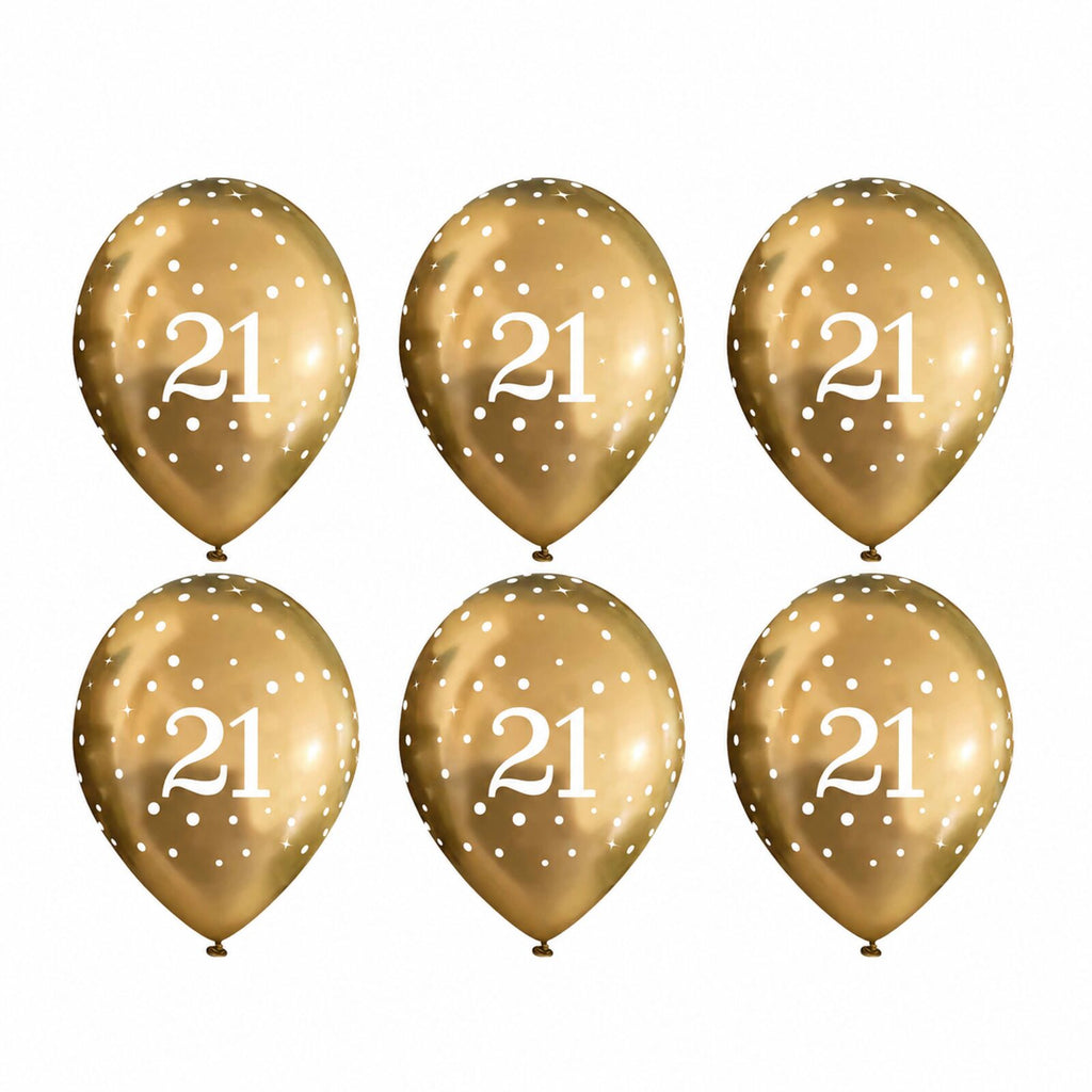 Six gold 21st birthday latex balloons with white number 21 print