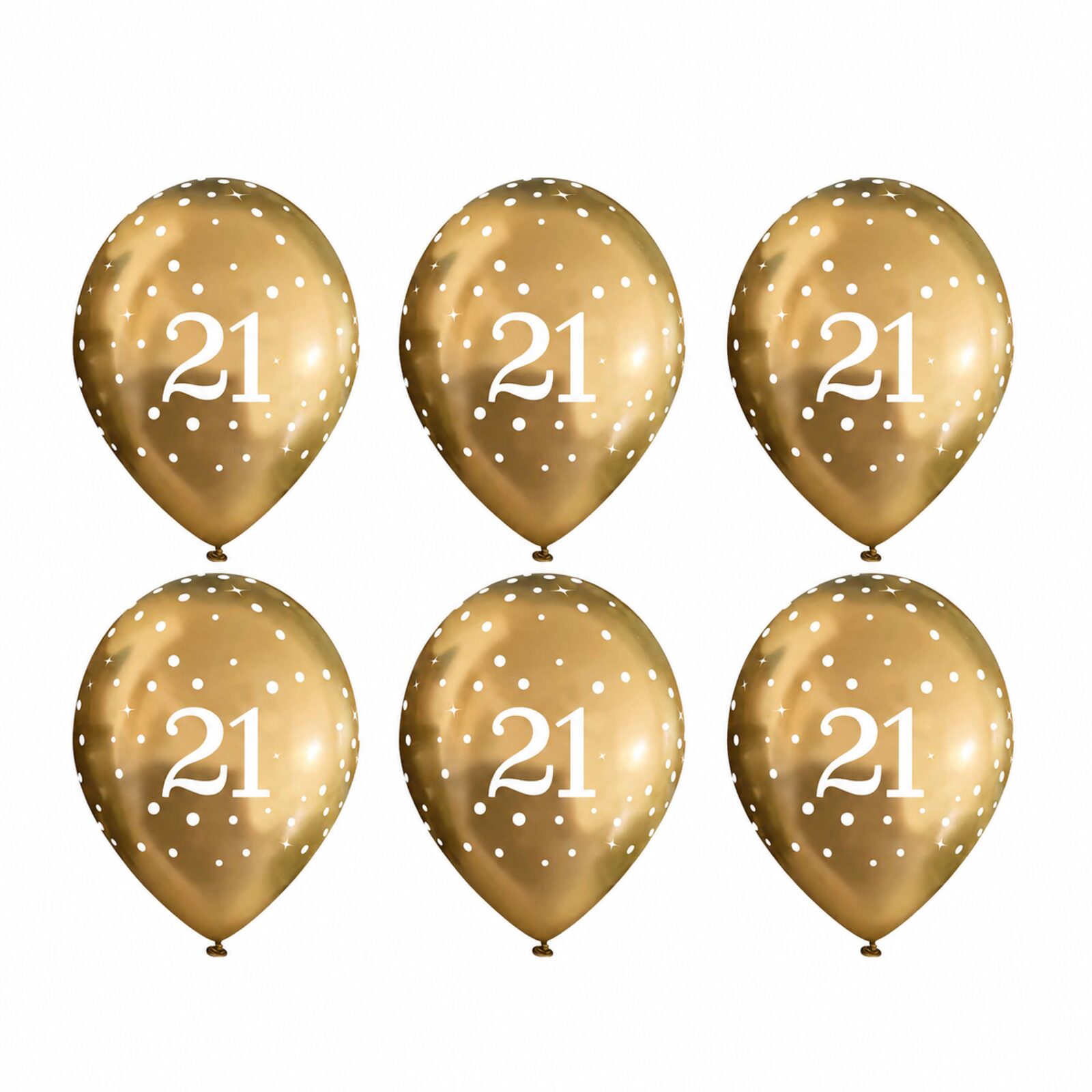 Six gold 21st birthday latex balloons with white number 21 print