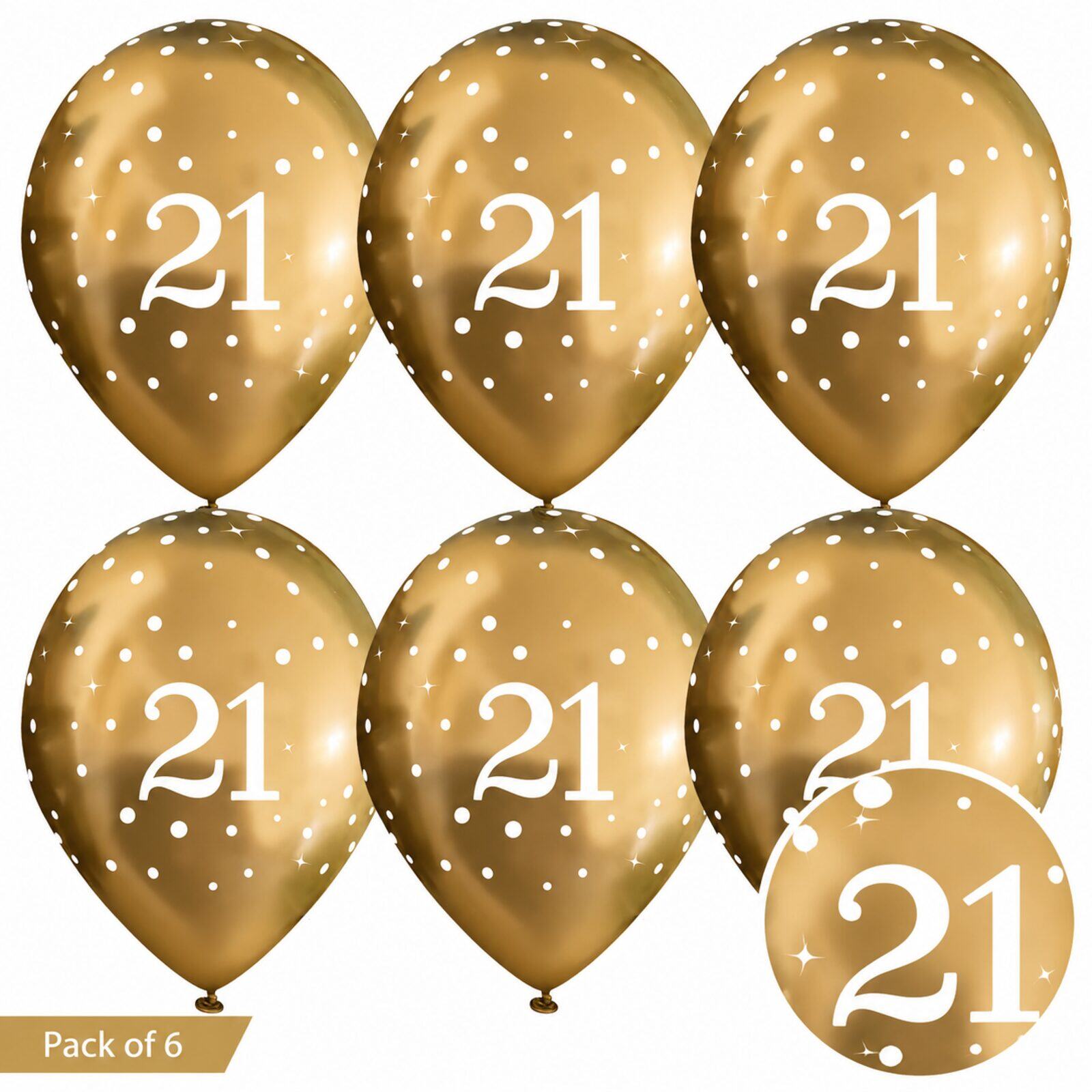 Six gold 21st birthday balloons with close-up of white printed design
