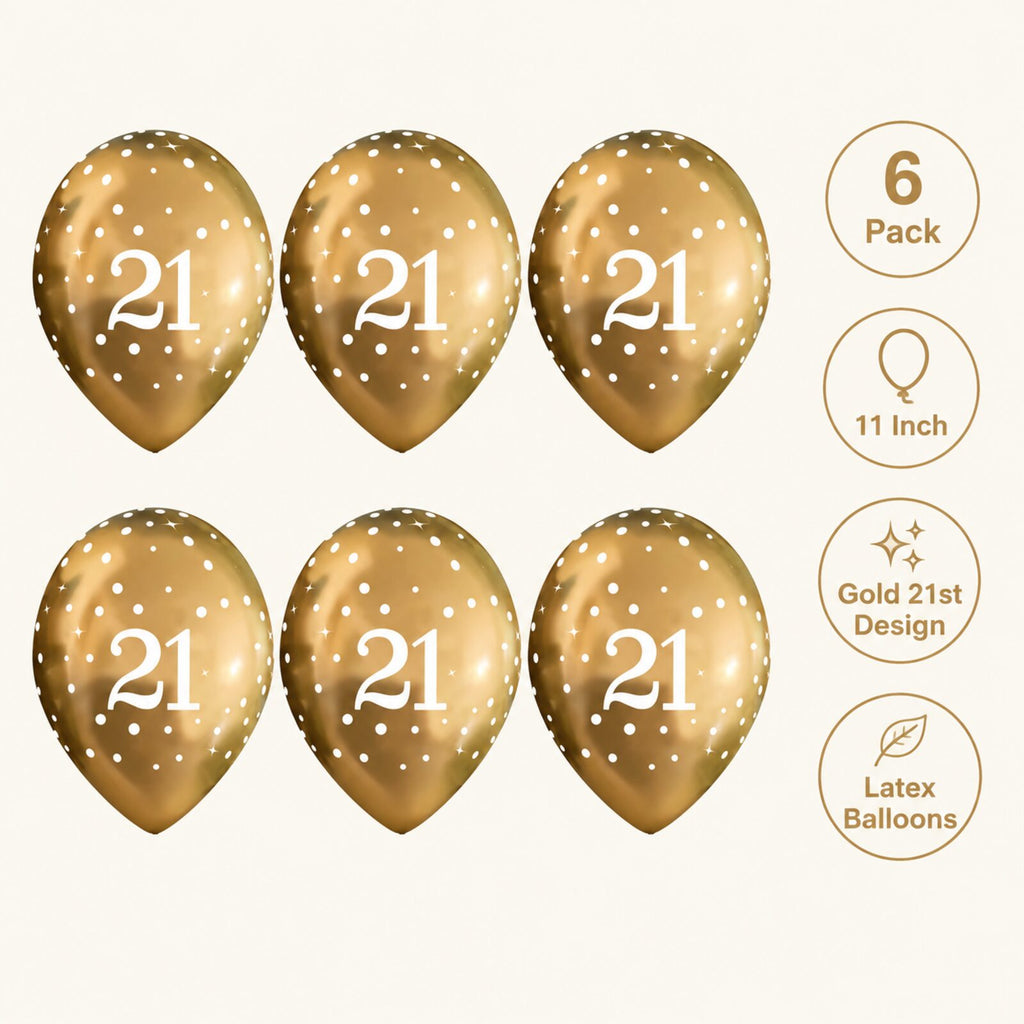 Gold 21st birthday balloons infographic showing pack size and features