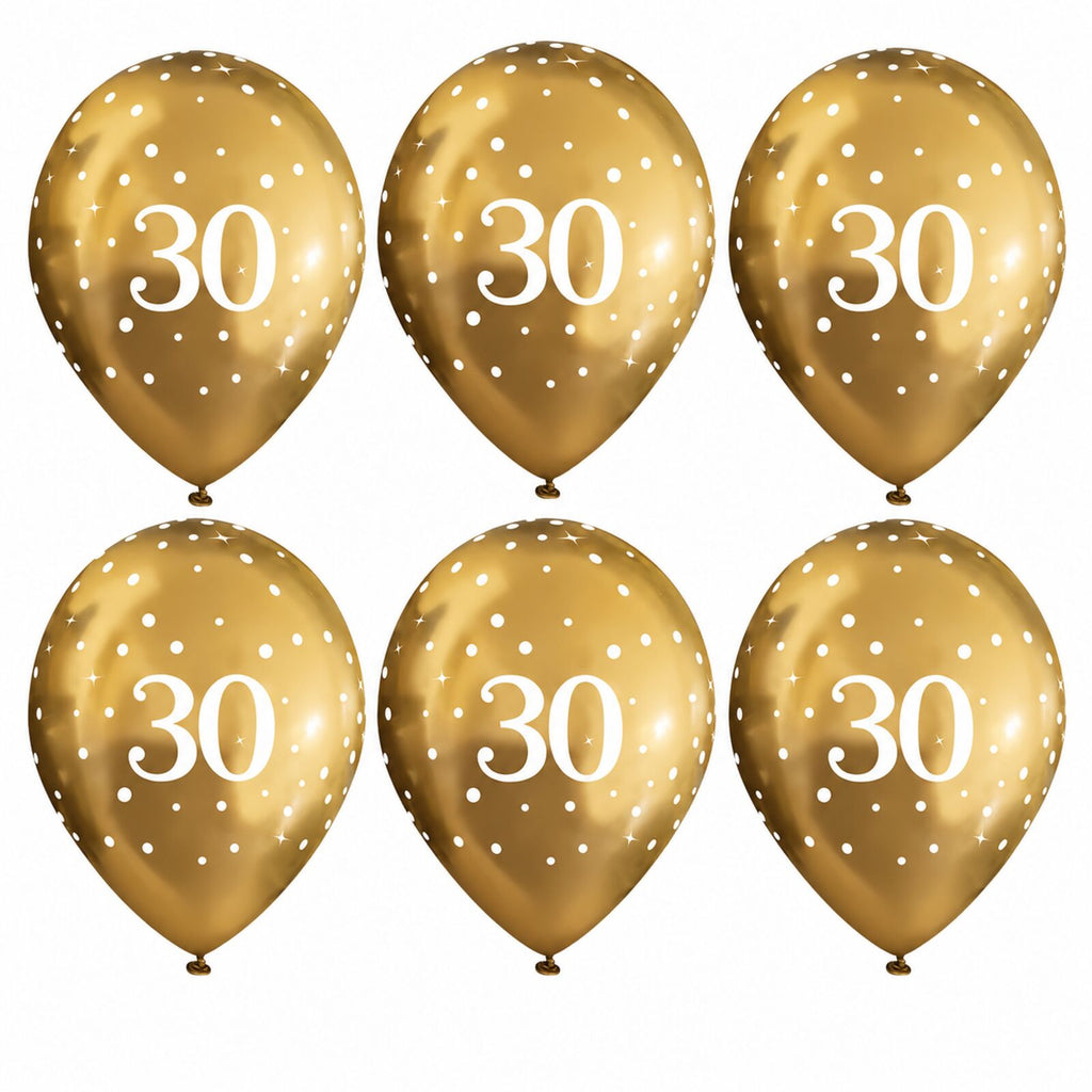 Six gold 30th birthday latex balloons with white number 30 print