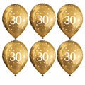 Six gold 30th birthday latex balloons with white number 30 print