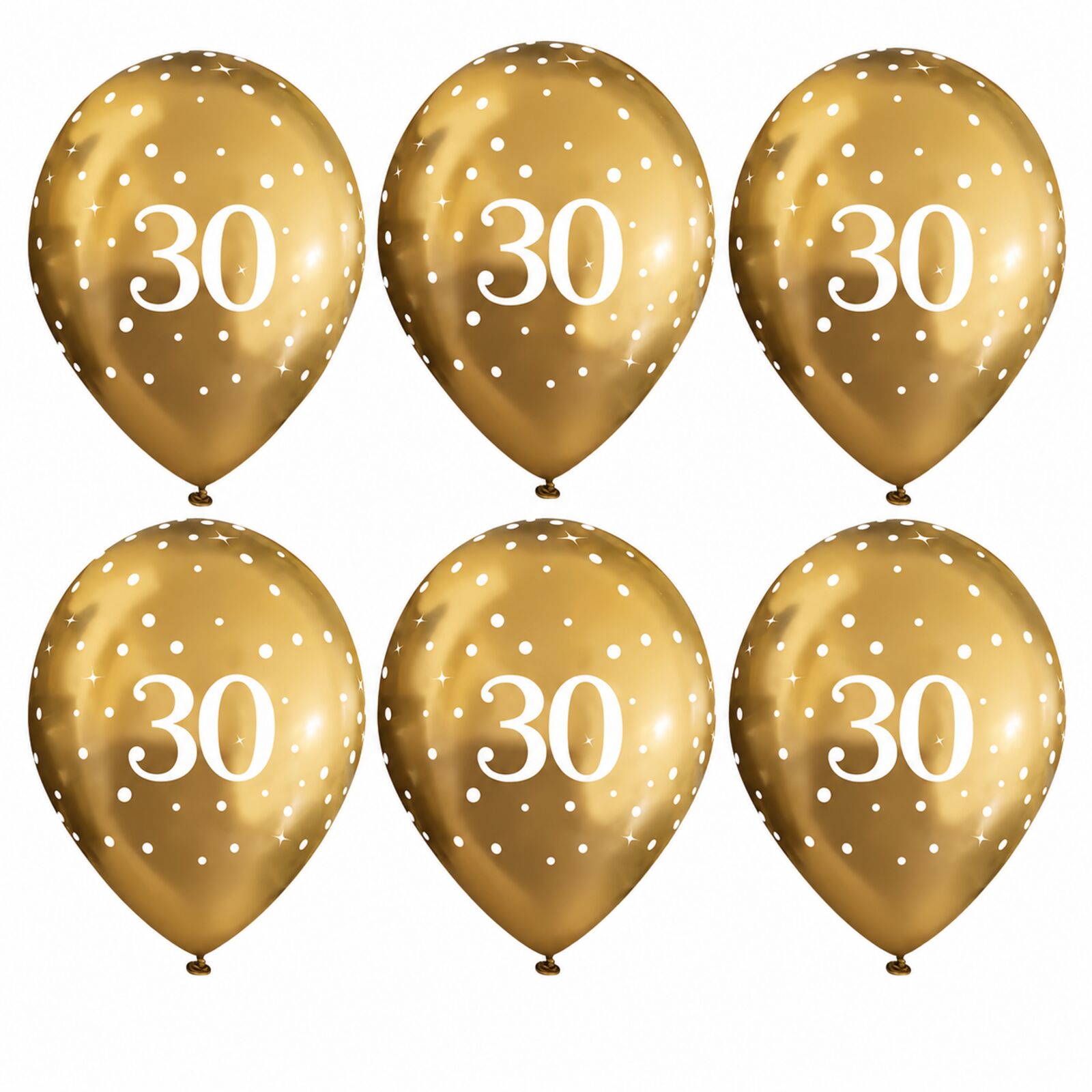 Six gold 30th birthday latex balloons with white number 30 print