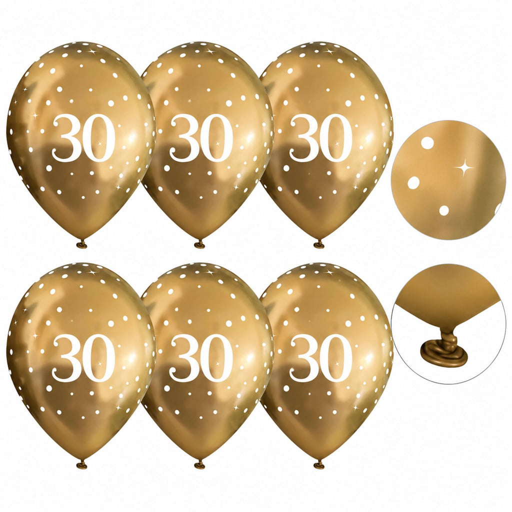 Six gold 30th birthday balloons with print and tie-neck details
