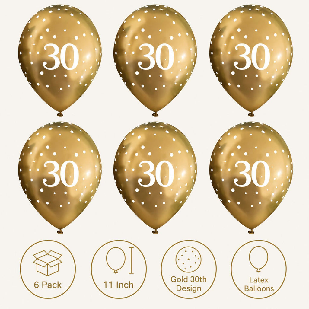 Gold 30th birthday balloons infographic showing pack size and features