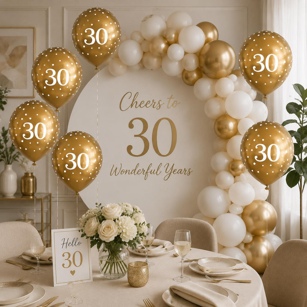 Gold number 30 balloons in a safe elegant birthday party setting
