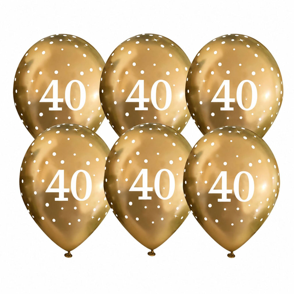Six gold 40th birthday latex balloons with white number 40 print