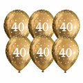 Six gold 40th birthday latex balloons with white number 40 print
