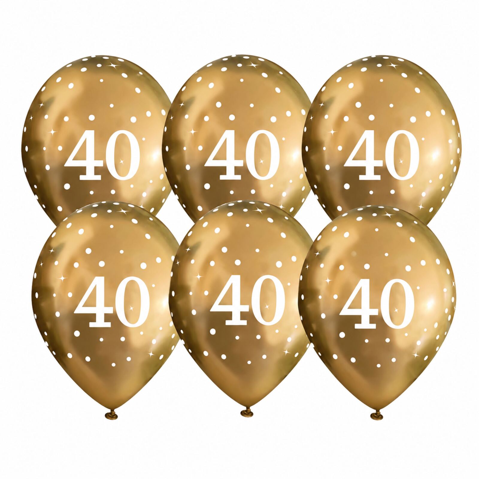 Six gold 40th birthday latex balloons with white number 40 print