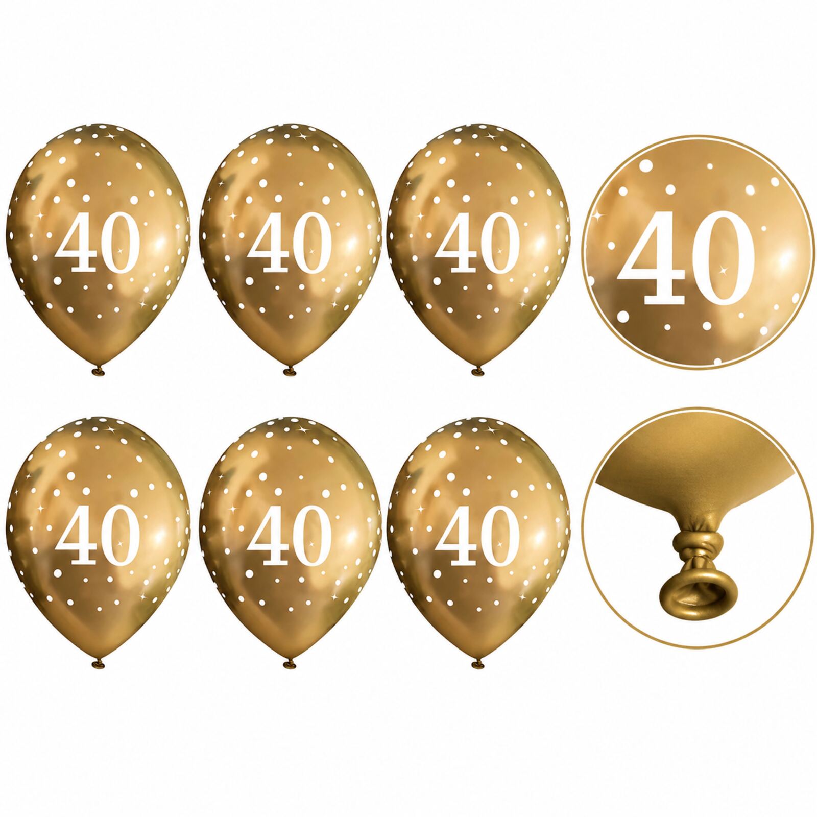 Six gold 40th birthday balloons with print and tie-neck details