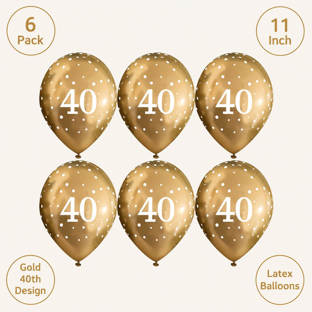 Gold 40th birthday balloons infographic showing pack size and features