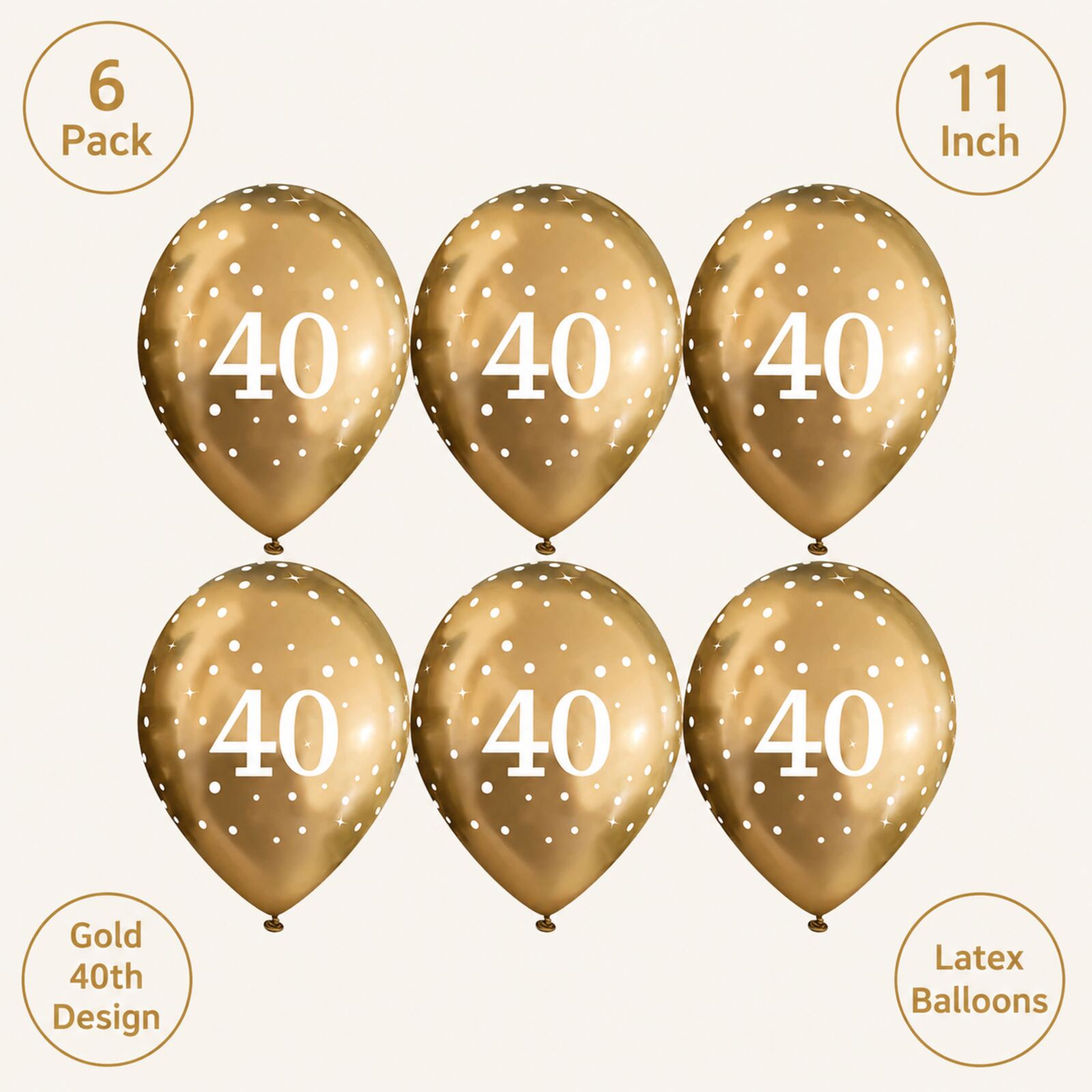 Gold 40th birthday balloons infographic showing pack size and features