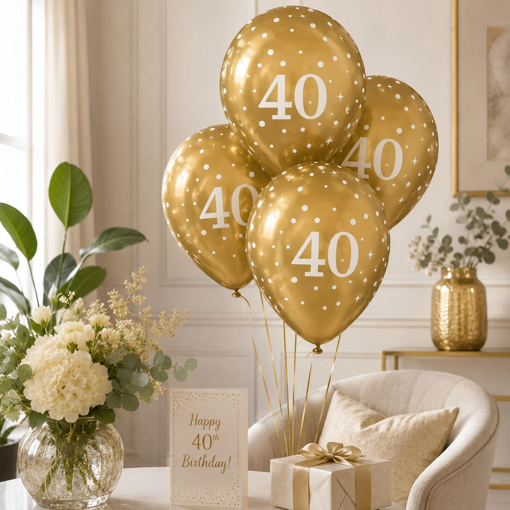 Gold number 40 balloons in a safe elegant birthday party setting