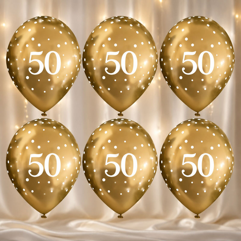 Six gold 50th birthday balloons arranged as a photo backdrop