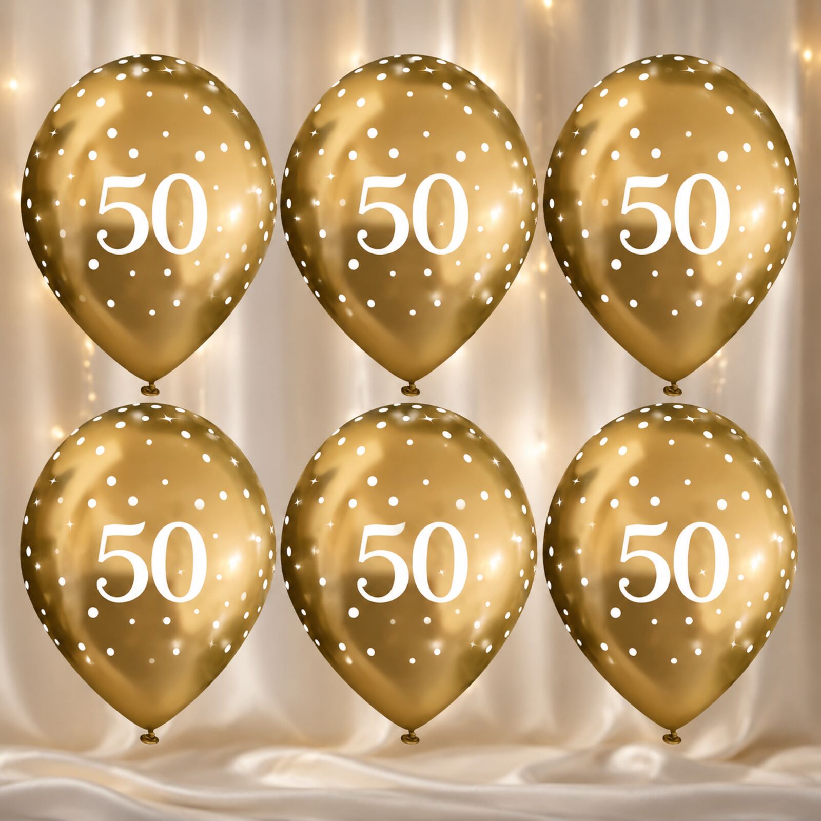 Six gold 50th birthday balloons arranged as a photo backdrop