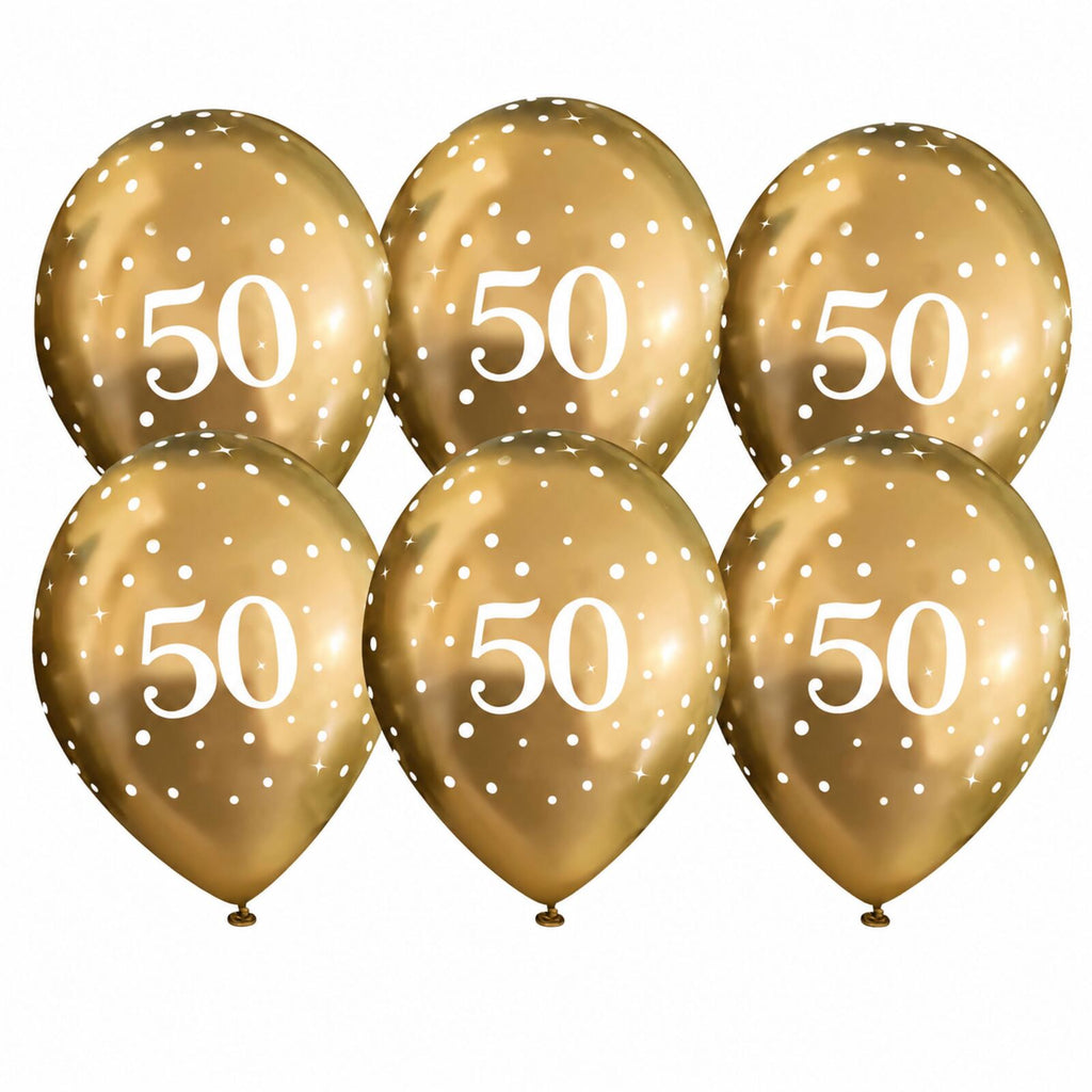 Six gold 50th birthday latex balloons with white number 50 print