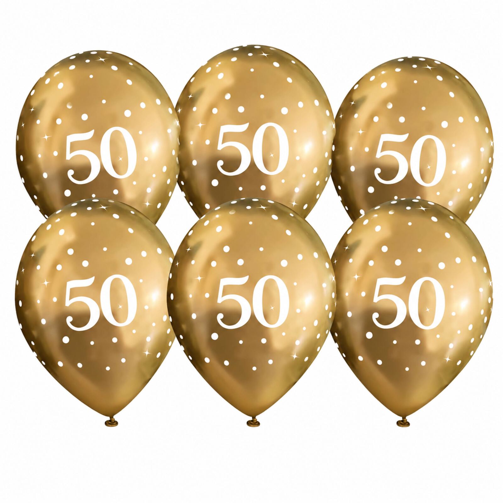Six gold 50th birthday latex balloons with white number 50 print