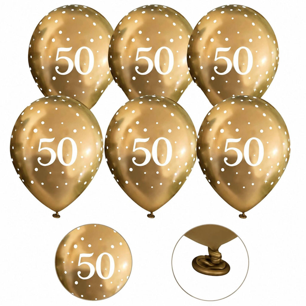 Six gold 50th birthday balloons with print and tie-neck details