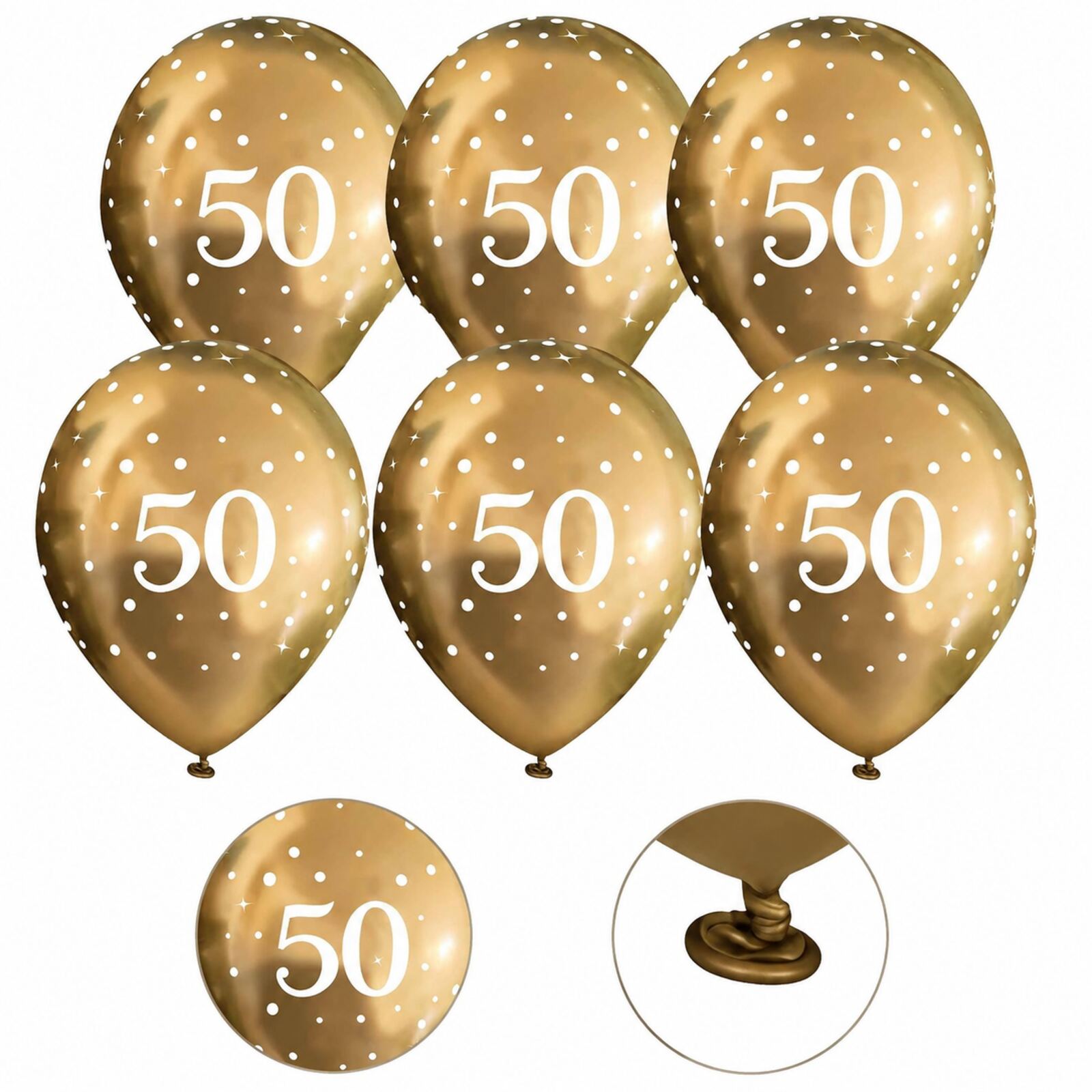 Six gold 50th birthday balloons with print and tie-neck details
