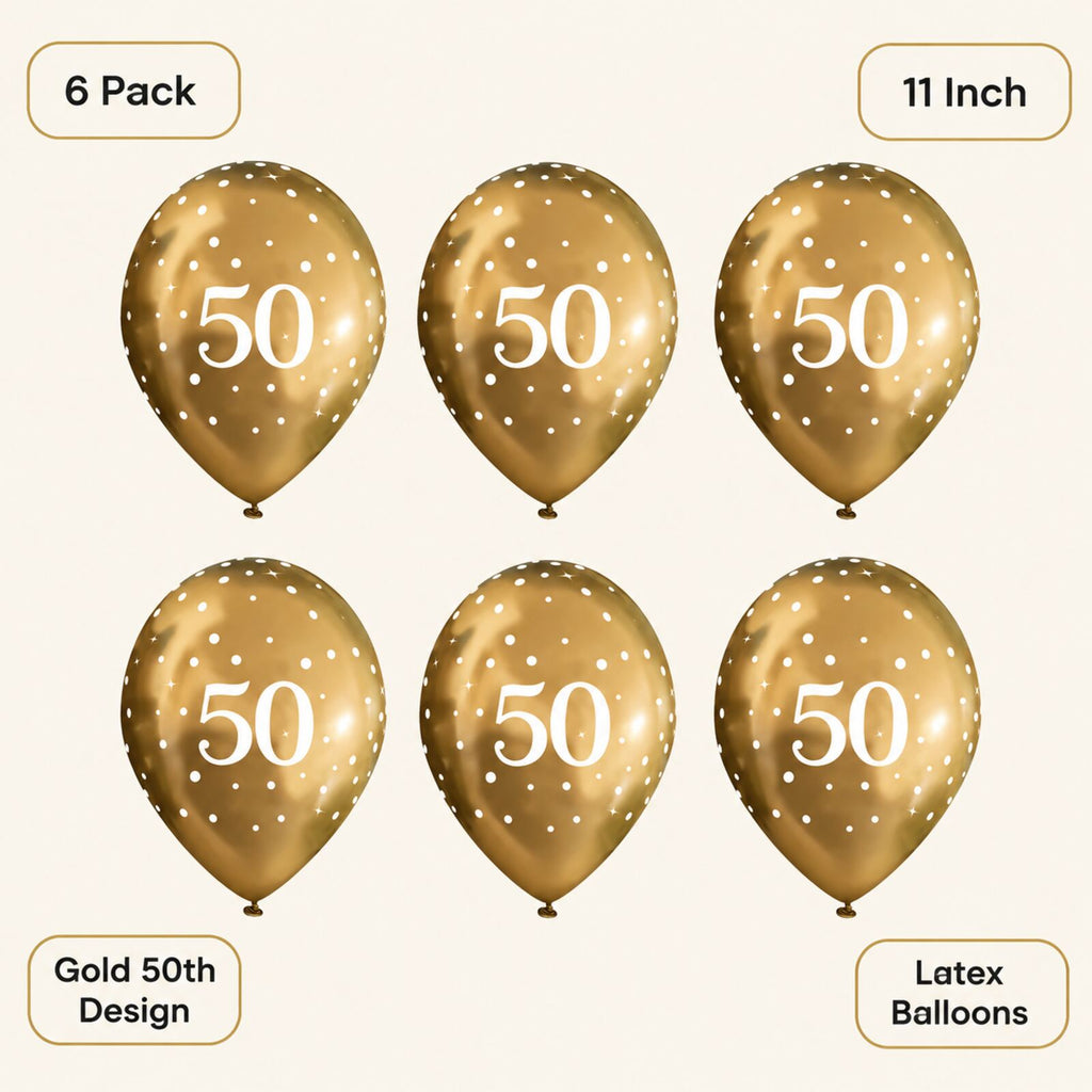 Gold 50th birthday balloons infographic showing pack size and features