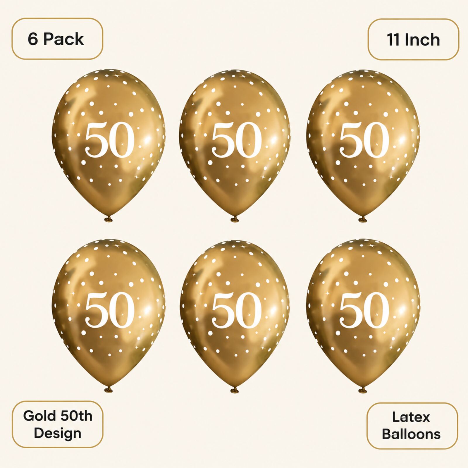Gold 50th birthday balloons infographic showing pack size and features