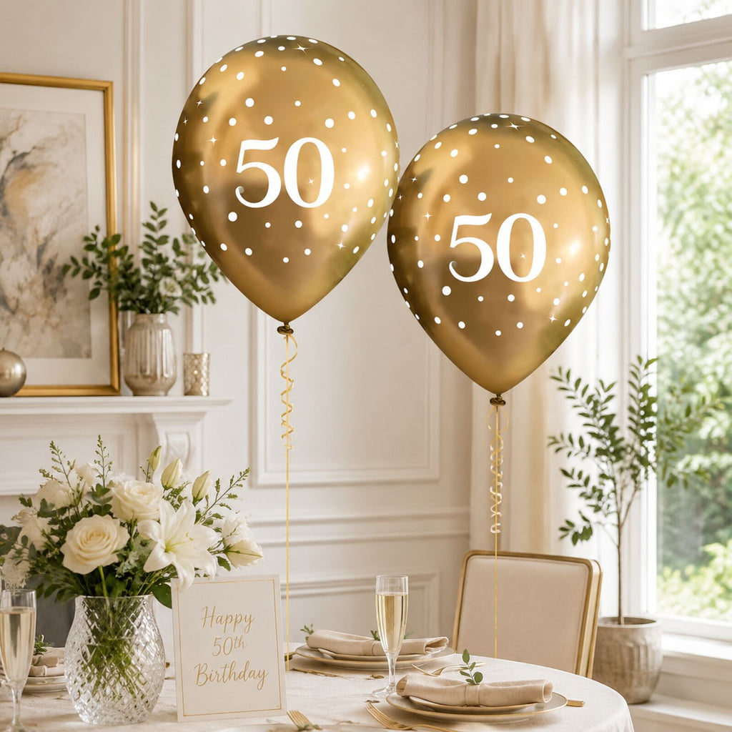 Gold number 50 balloons in a safe elegant birthday party setting