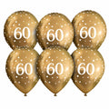 Six gold 60th birthday latex balloons with white number 60 print