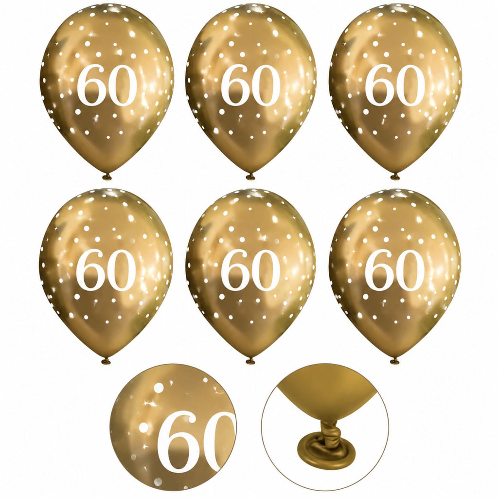 Six gold 60th birthday balloons with print and tie-neck details
