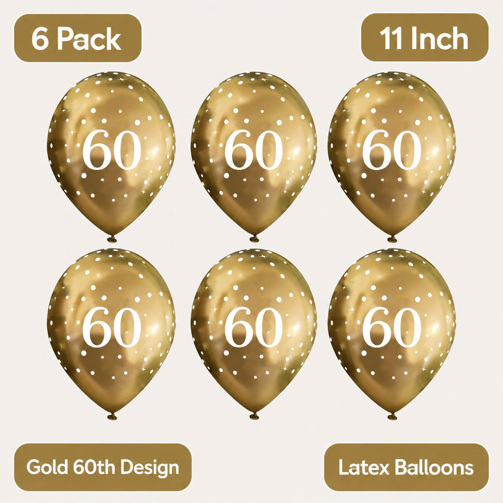 Gold 60th birthday balloons infographic showing pack size and features