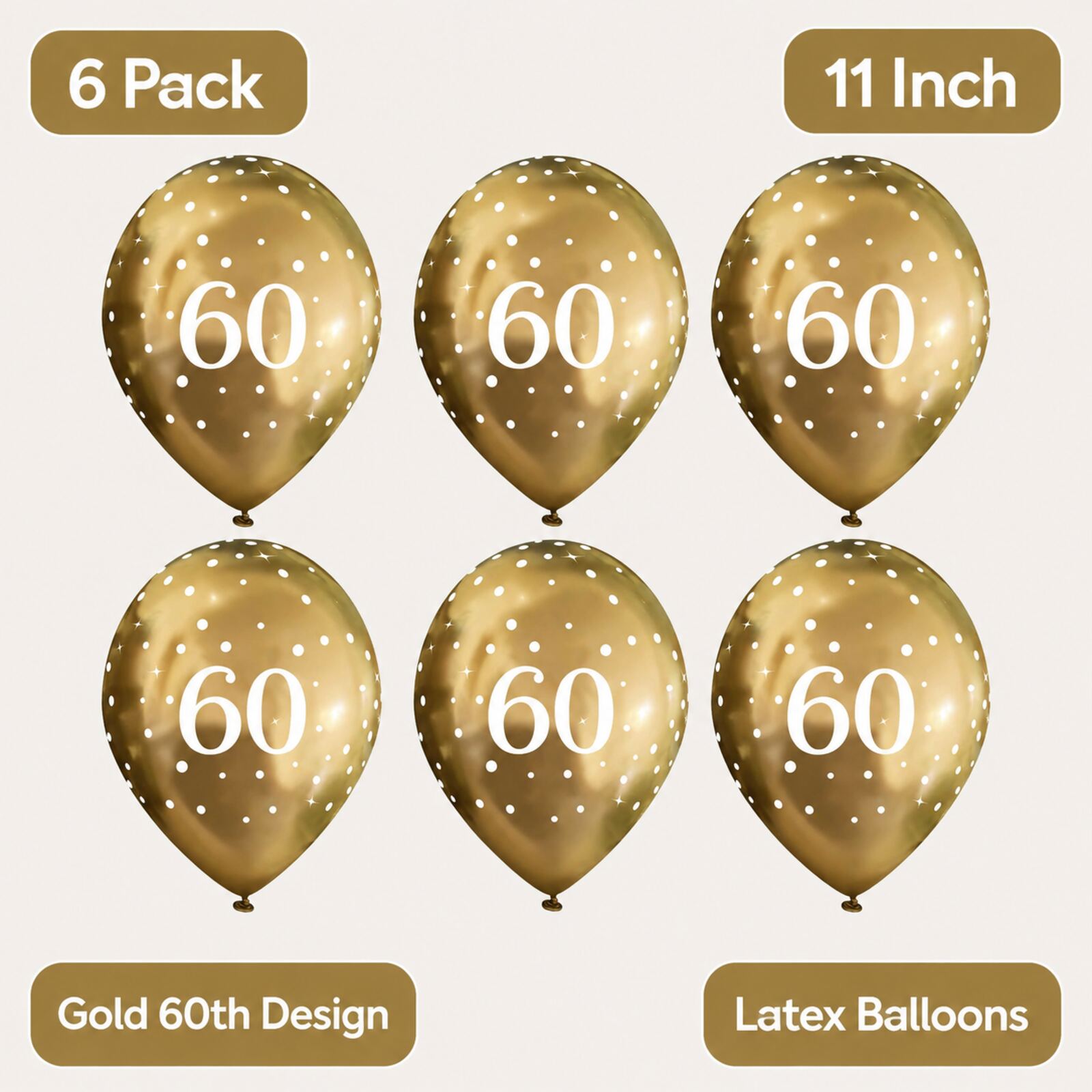 Gold 60th birthday balloons infographic showing pack size and features
