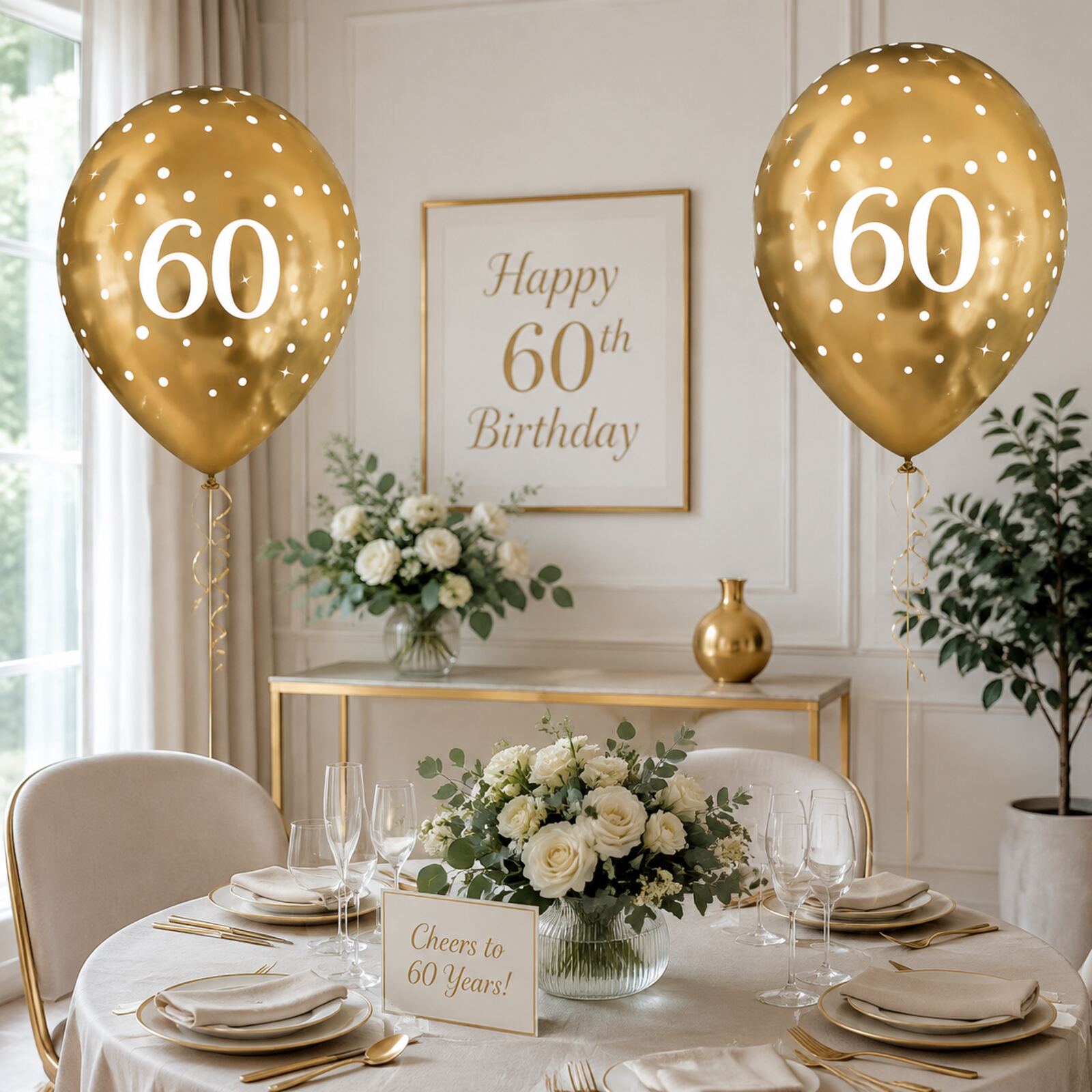 Gold number 60 balloons in a safe elegant birthday party setting