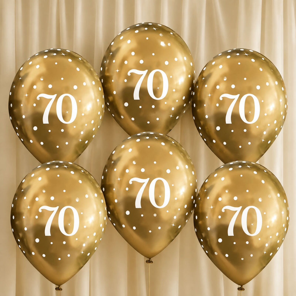 Six gold 70th birthday balloons arranged as a photo backdrop