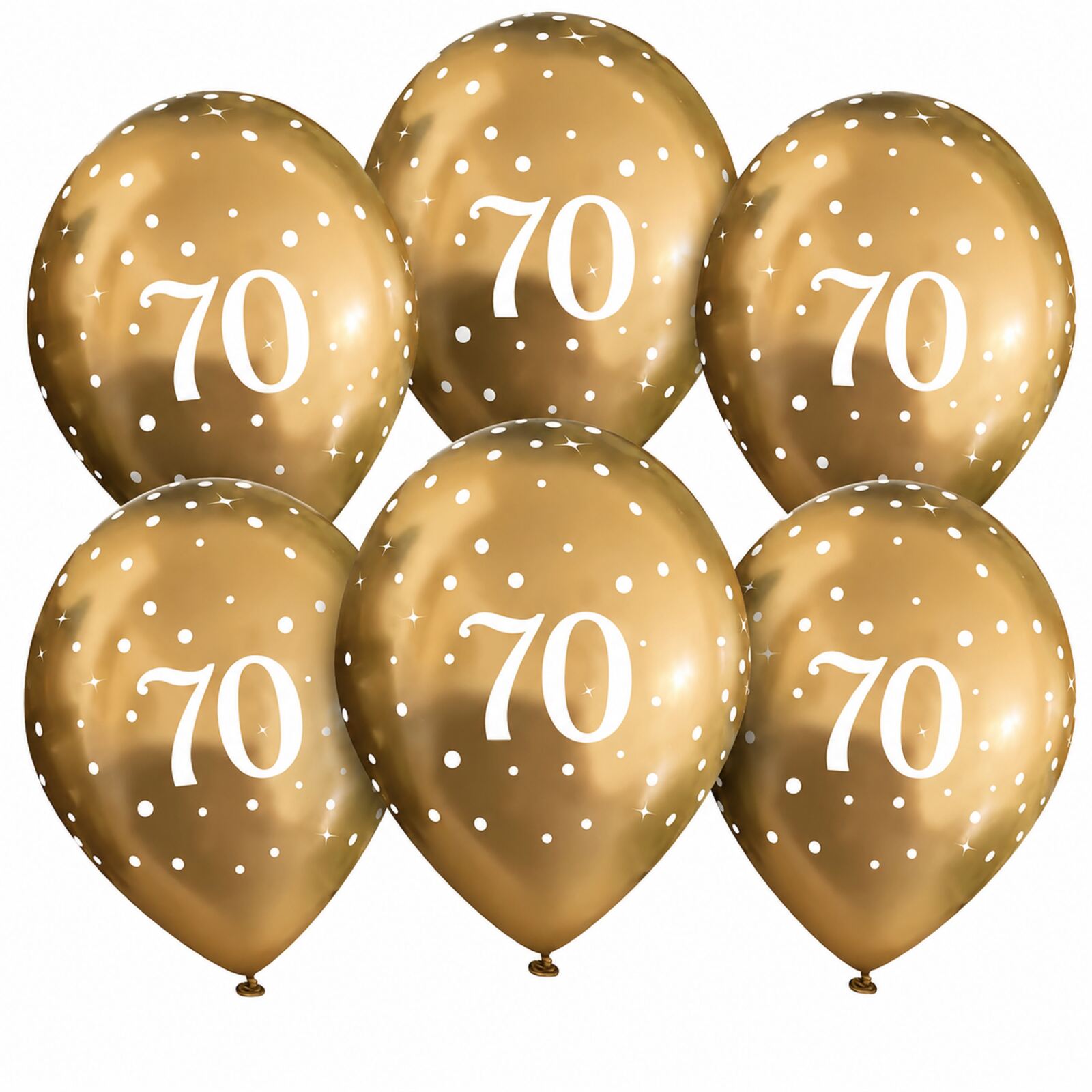Six gold 70th birthday latex balloons with white number 70 print