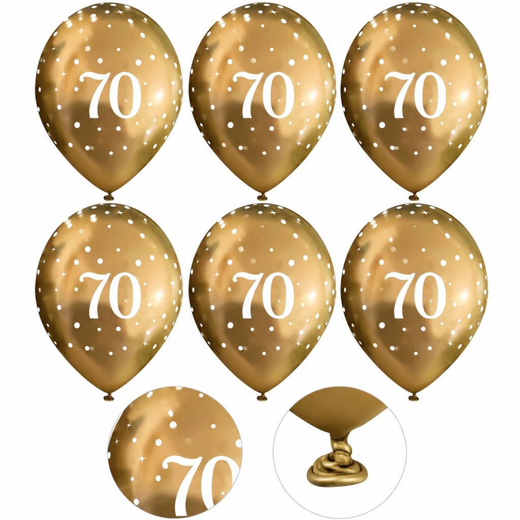 Six gold 70th birthday balloons with print and tie-neck details