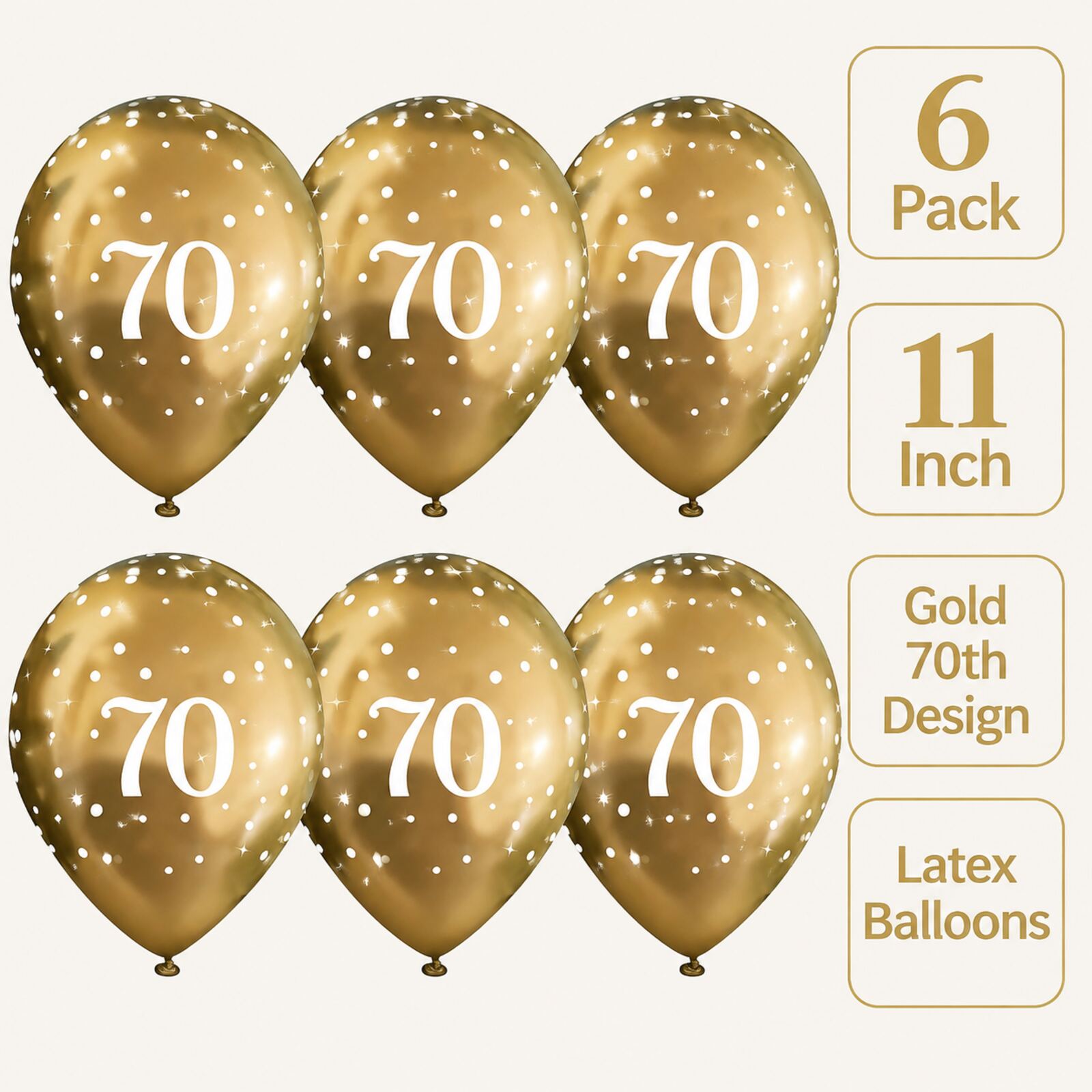 Gold 70th birthday balloons infographic showing pack size and features