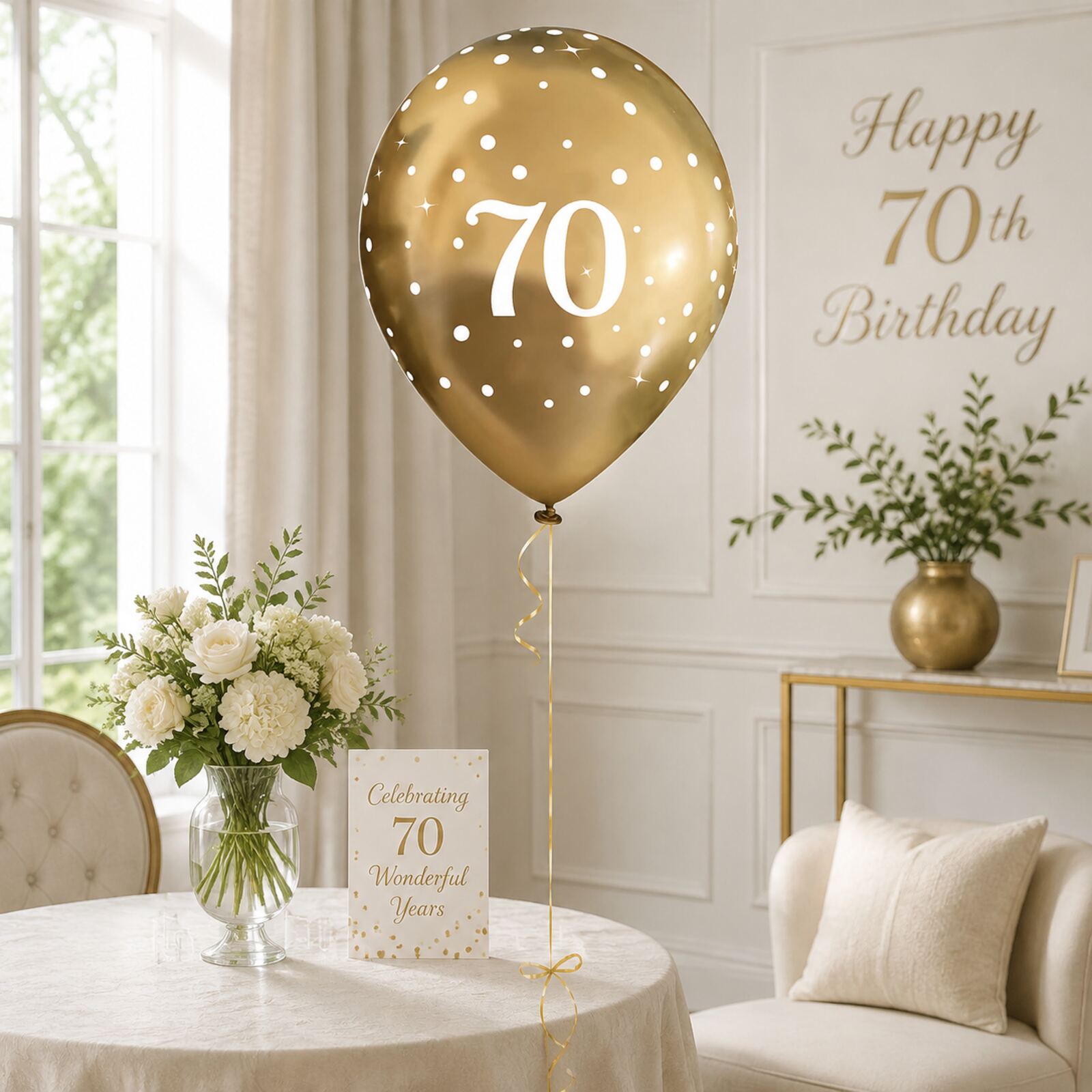 Gold number 70 balloon in a safe elegant birthday party setting