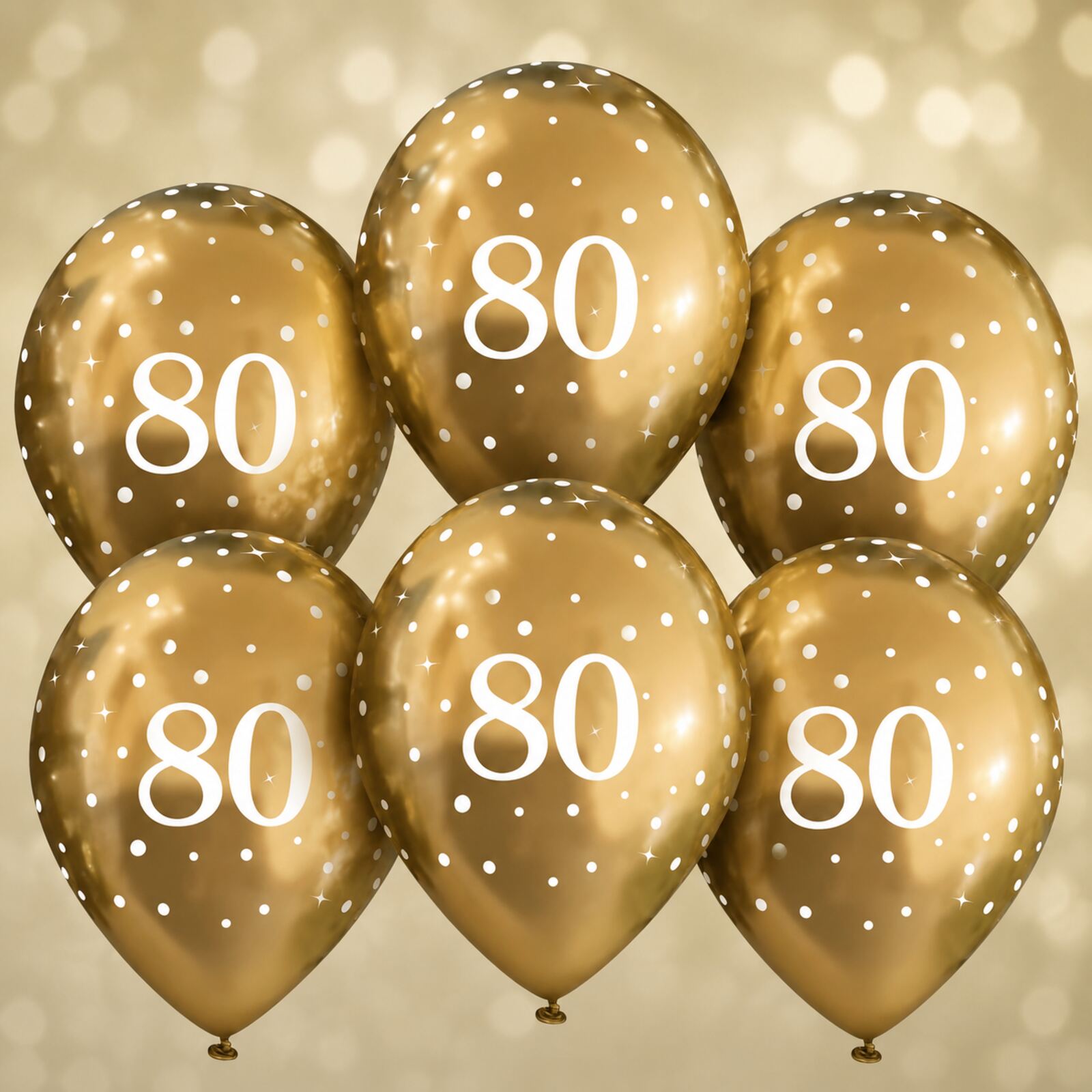 Six gold 80th birthday balloons arranged as a photo backdrop