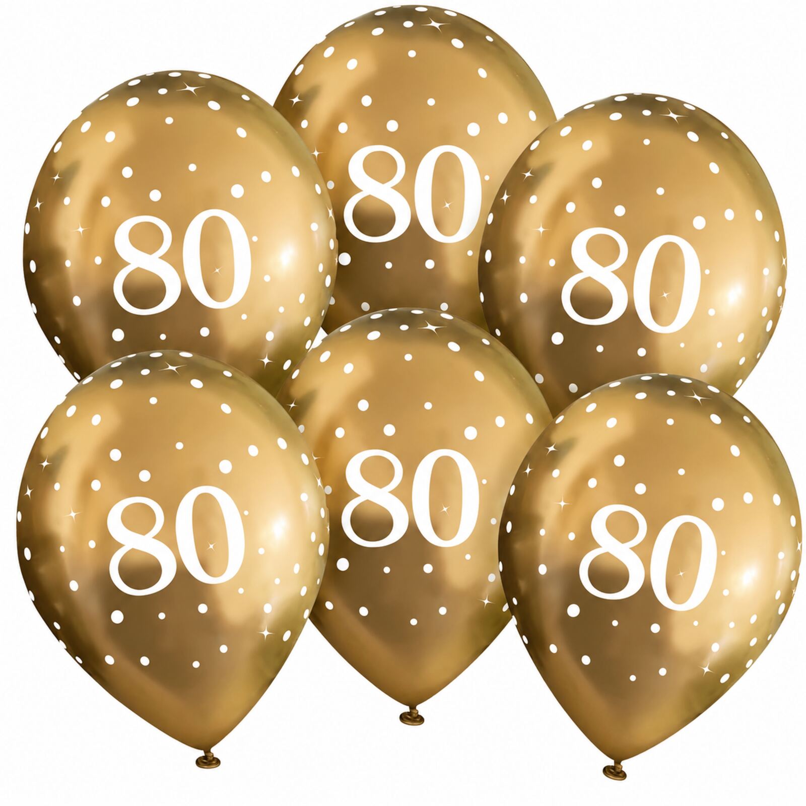 Six gold 80th birthday latex balloons with white number 80 print