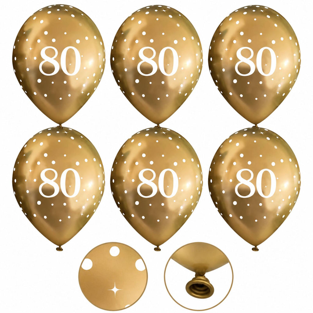 Six gold 80th birthday balloons with print and tie-neck details