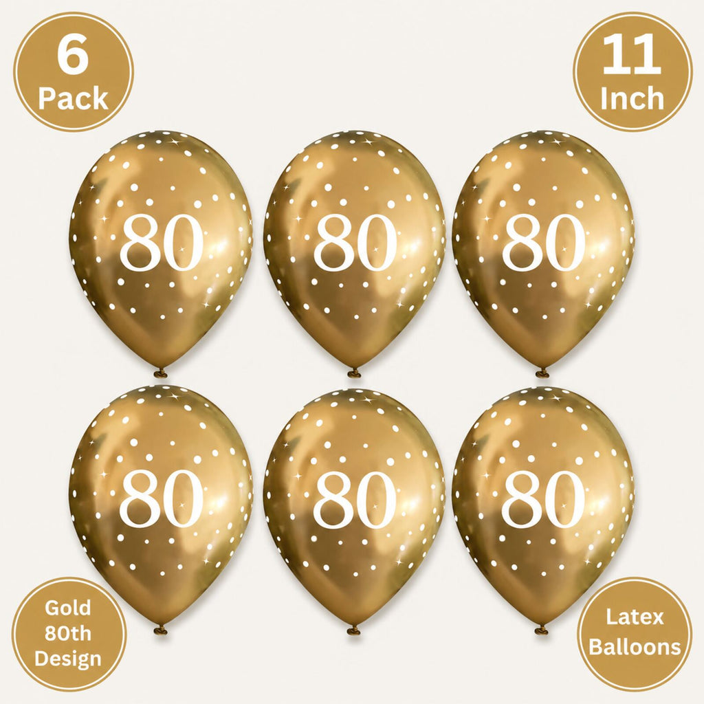Gold 80th birthday balloons infographic showing pack size and features