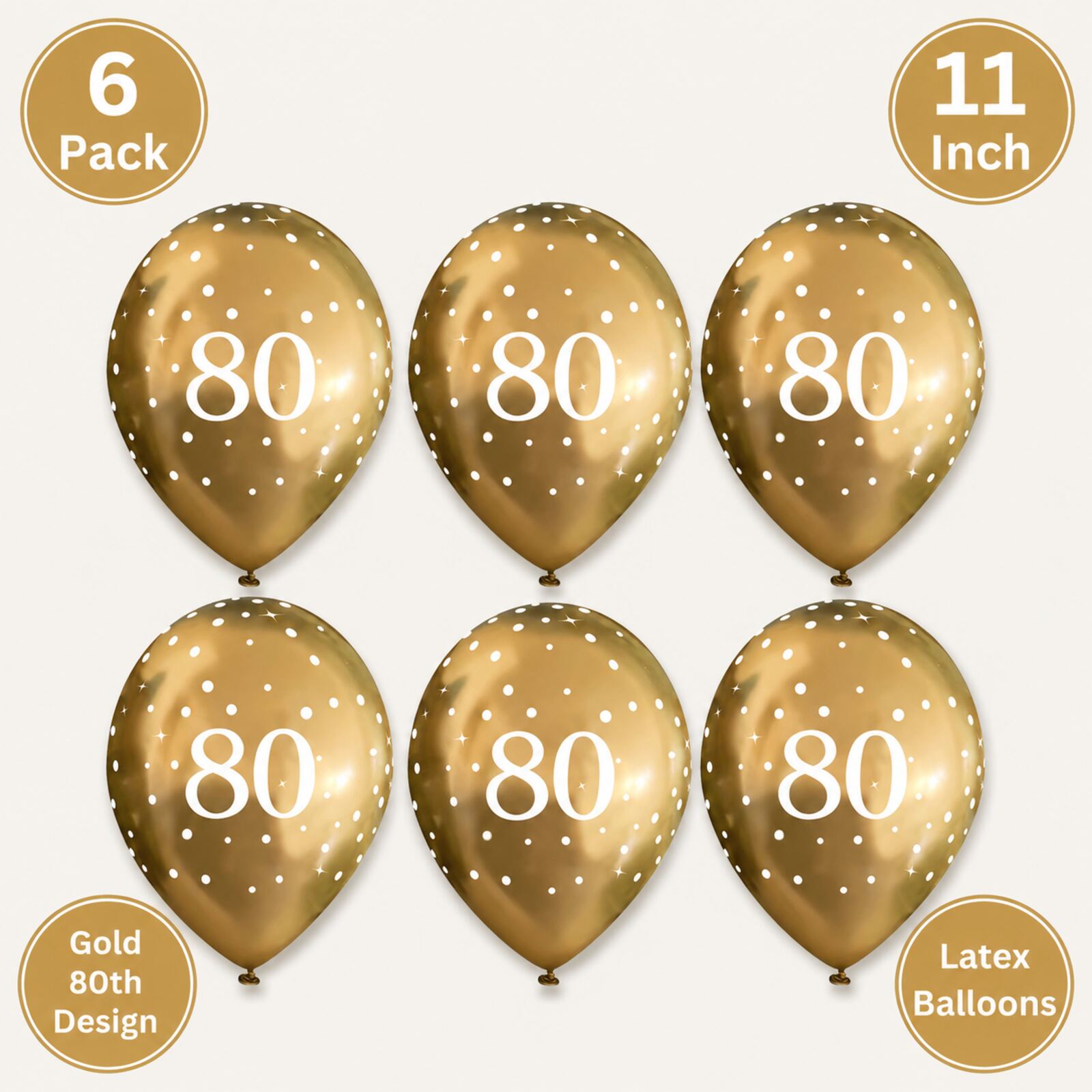 Gold 80th birthday balloons infographic showing pack size and features