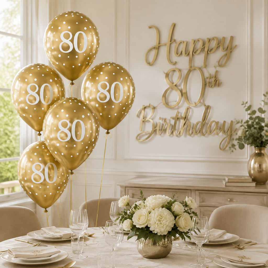 Gold number 80 balloons in a safe elegant birthday party setting