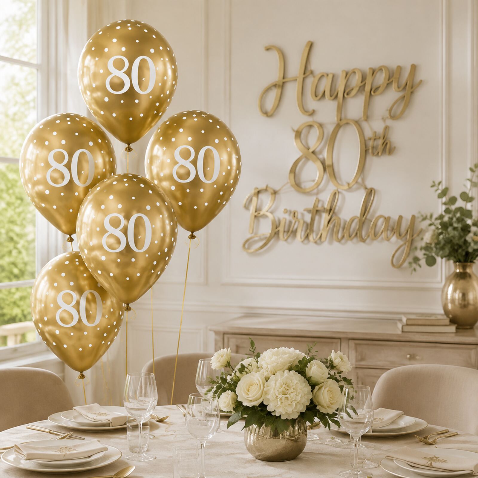 Gold number 80 balloons in a safe elegant birthday party setting