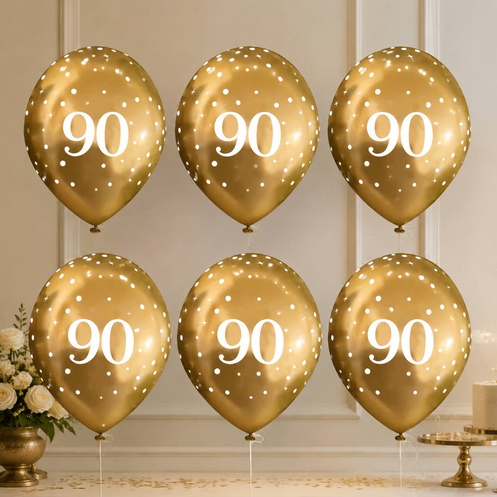 Six gold 90th birthday balloons arranged as a photo backdrop