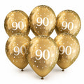 Six gold 90th birthday latex balloons with white number 90 print