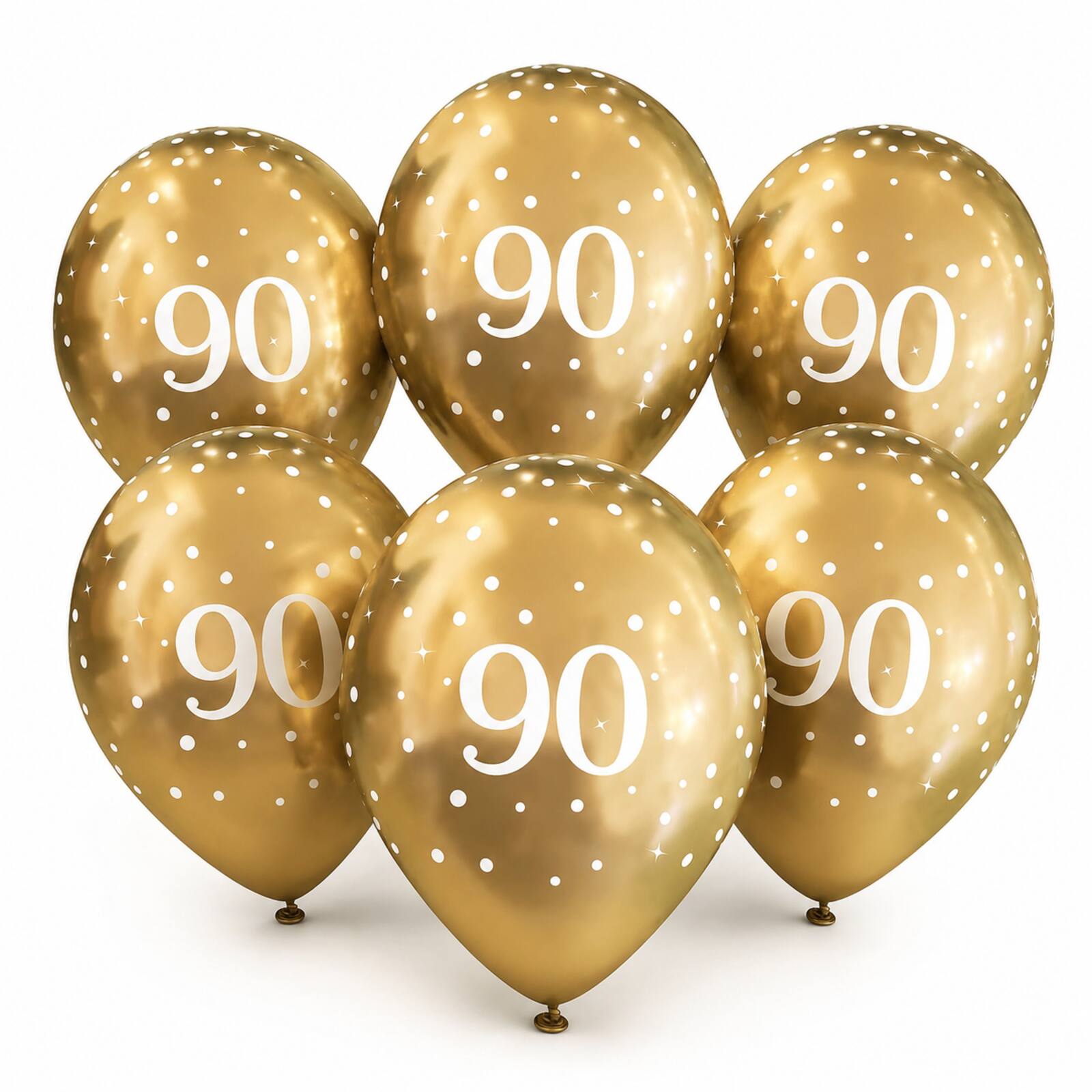 Six gold 90th birthday latex balloons with white number 90 print